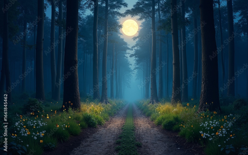 Fototapeta premium Enchanted Forest Path with Fireflies and Full Moon at Night. High quality