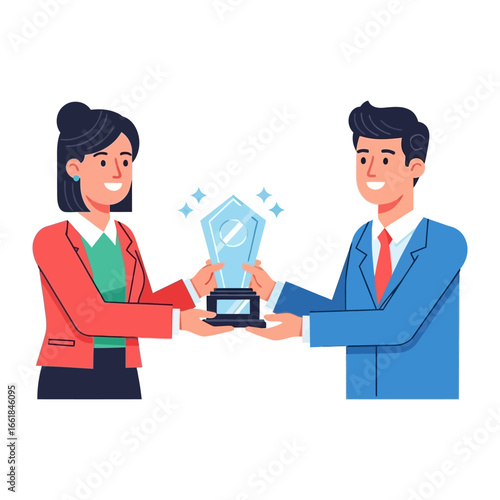 Trophy Handover: A depiction of a celebratory handover featuring two professionals, one in a suit, the other in a blazer, exchanging a sparkling trophy to commemorate achievement, and teamwork.