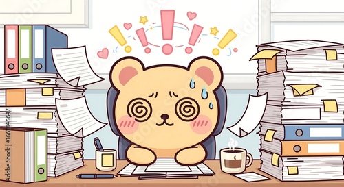 Overwhelmed cartoon bear cub at office desk with stacks of paper and