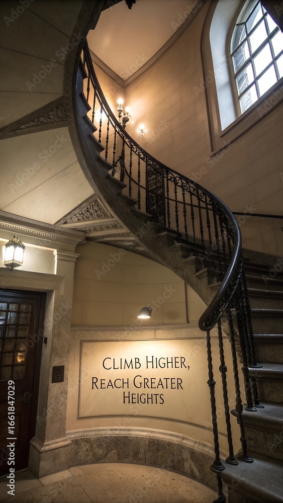 Fototapeta premium Elegant Spiral Staircase with Motivational Quote in Historic Building