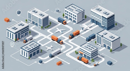 Isometric City Logistics Cargo Trucks and Modern Buildings.