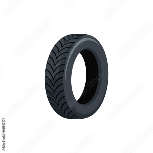 A single dark gray car tire with a distinct chevron tread pattern shown from the side on a white background