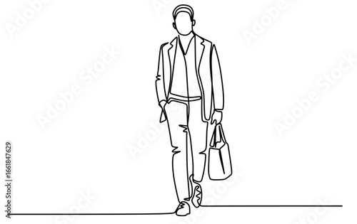 continuous line art of a man in a business suit walking with a bag in his hand. concept of going to work or coming home from work
