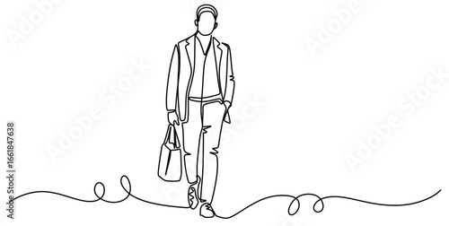 continuous line art of a man in a business suit walking with a bag in his hand. concept of going to work or coming home from work