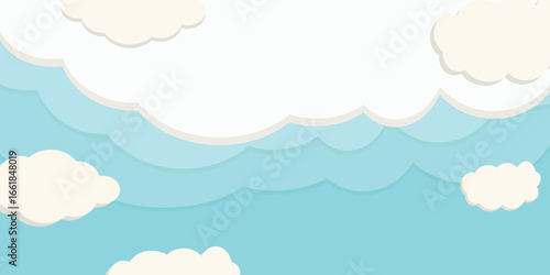 Sky banner with white paper cut clouds Blue background, modern layered papercraft design, Decorative backdrop for posters, flyers, invitations, web templates and creative projects Copy space for text