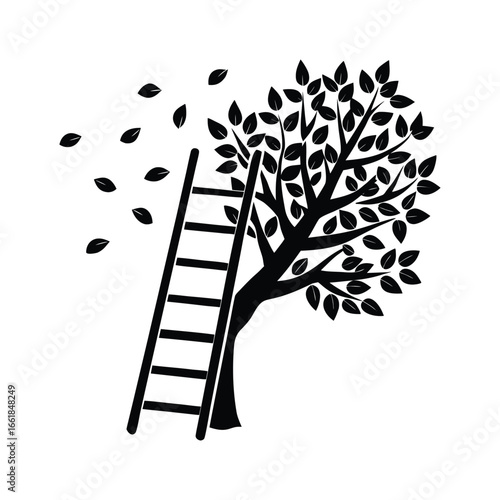 Black silhouette of a ladder leaning against a tree with falling leaves