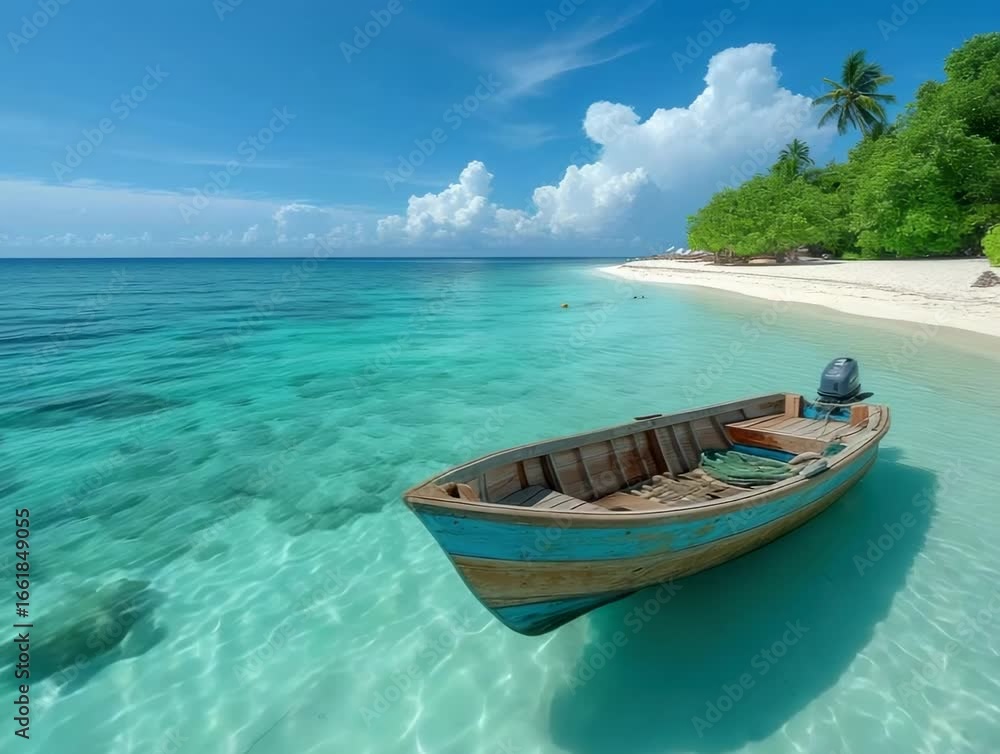 Beautiful turquoise waters surround a peaceful fishing boat on a serene beach in a tropical paradise during midday Beautiful turquoise waters surround a peaceful fishing boat on a serene beach in a tropical paradise during midday