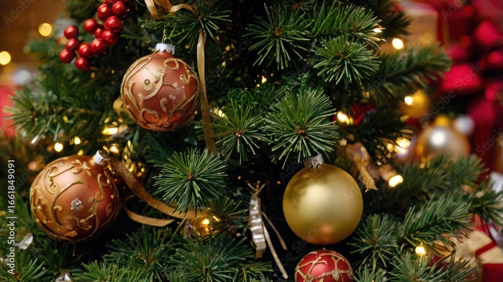 Naklejka premium Ornate Bronze and Gold Baubles Glistening on a Christmas Tree with Warm, Glowing Lights