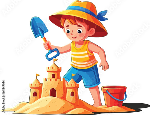 Boy Building Sandcastle on Beach Wearing Straw Hat and Blue Shorts Summer Vacation Fun Activity Vector Illustration