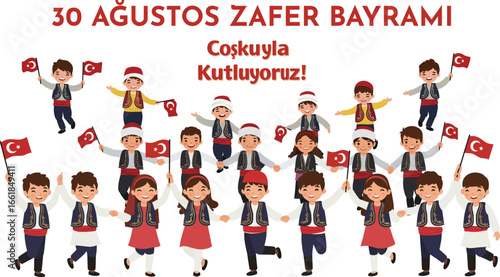 Children celebrating 30 Ağustos Zafer Bayramı waving flags in traditional clothing festive national holiday scene vector illustration