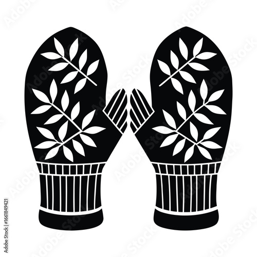 Black and white silhouette of mittens with leaf pattern