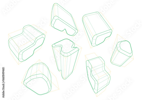 A variety of shapes in a 3-point perspective with displaying the multiple rounding principle