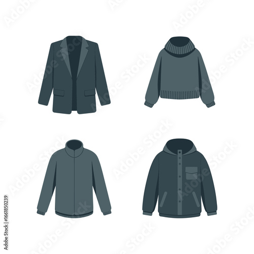 Four different styles of dark green jackets and coats on a white background