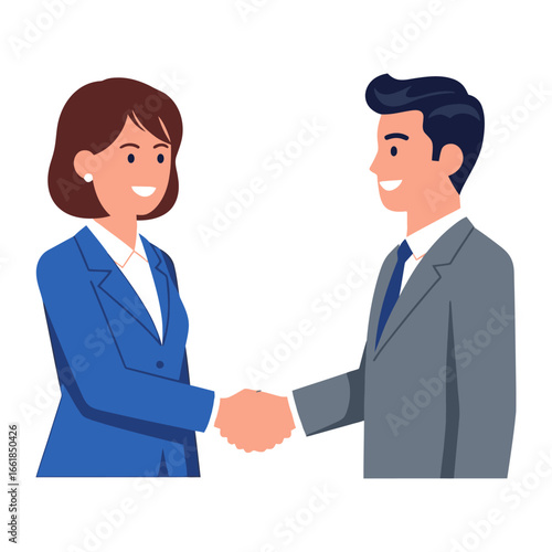 Handshake Agreement: A stylized illustration of two professional individuals in business attire engaging in a firm handshake, symbolizing agreement, collaboration.