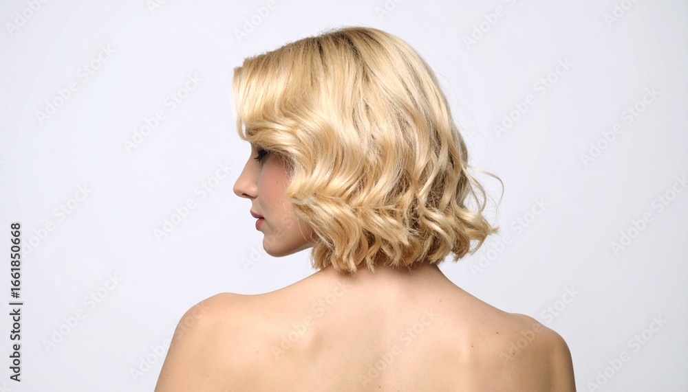 Fototapeta premium Woman with Curly short Blonde Hair, copy space