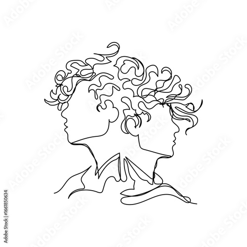 Minimalist one-line Gemini zodiac sign illustration, elegant linear twin faces design in continuous contour black art