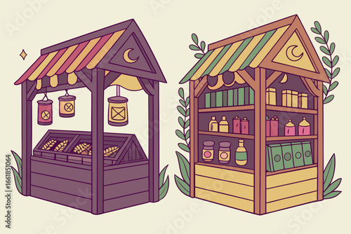 Two charming market stalls with colorful awnings and goods
