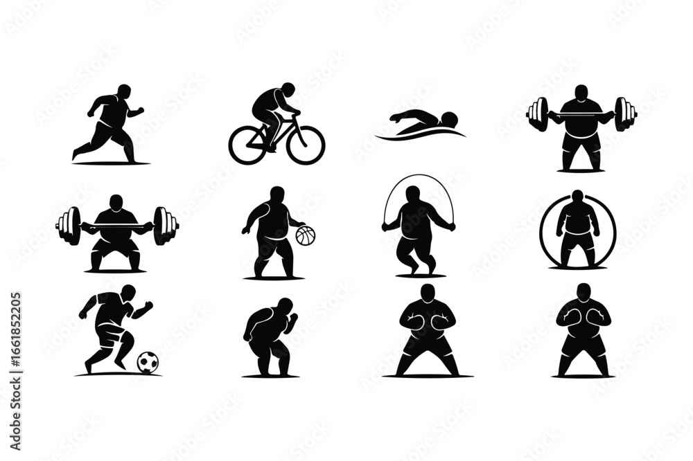 Naklejka premium Black silhouette icons of people engaged in various sports and fitness activities running cycling
