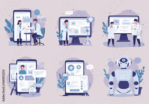 Digital healthcare illustrations featuring doctors, patients, screens displaying medical data, and a robot assistant.