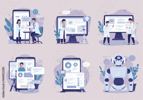 Illustrations depicting medical professionals interacting with technology, including smartphones, computers, and a robot.