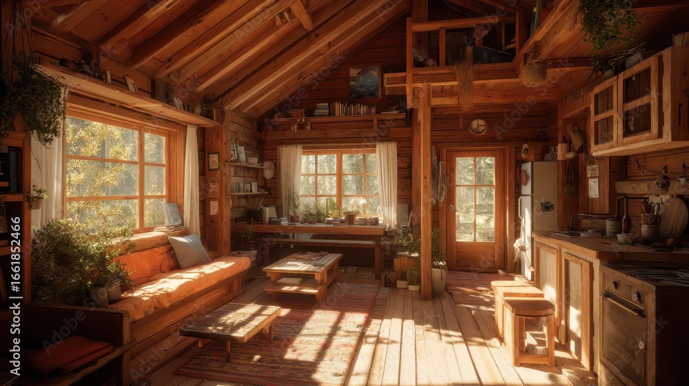 Cozy Wooden Cabin Interior with Natural Light and Warm Ambiance Cozy Wooden Cabin Interior with Natural Light and Warm Ambiance