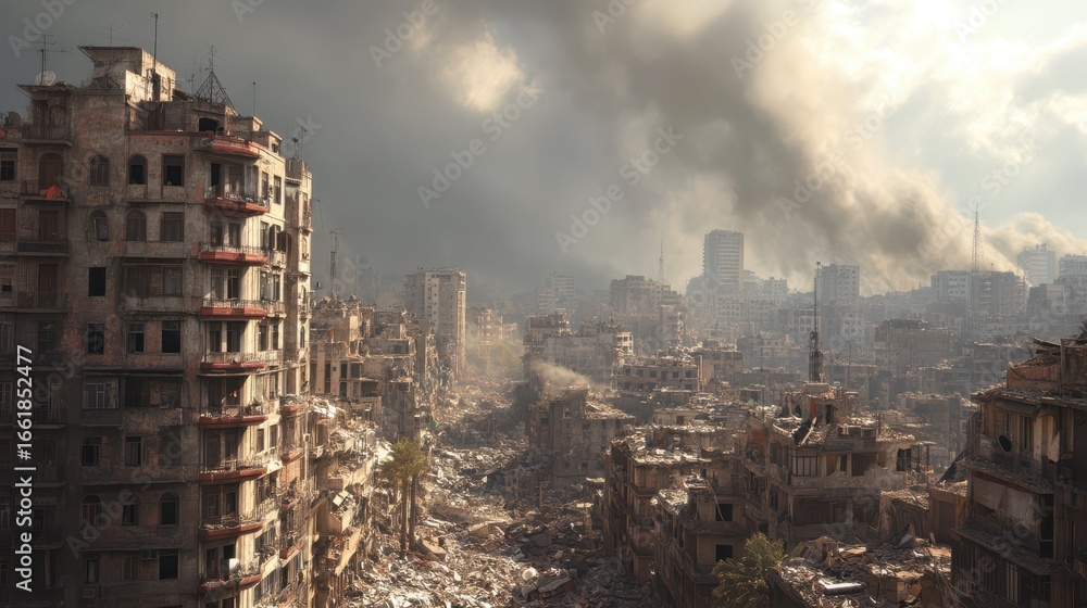 Obraz premium War-Torn Capital City Enveloped in Smoke and Rubble After Conflict