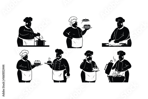 Seven chefs in black silhouette performing various cooking tasks food kitchen