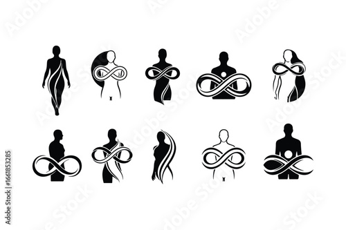Collection of black human silhouette icons with infinity symbols and flowing lines abstract logo