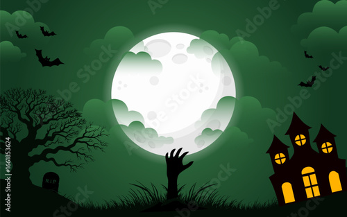 Halloween spooky scene with a zombie hand emerging from the ground under a full moon.