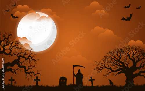 Grim reaper silhouette stands in a graveyard under a large harvest moon, bats fly overhead amidst spooky Halloween night scenery.