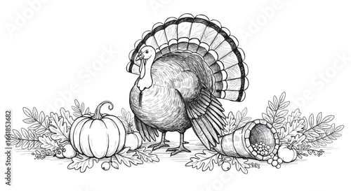 Thanksgiving turkey with harvest cornucopia and pumpkins, perfect for holiday designs