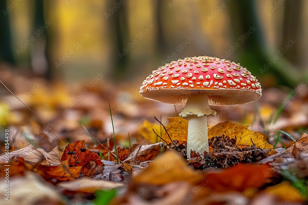 A Solitary Fly Agaric Toadstool with a Vivid Red Cap on the Autumn Forest Floor A Solitary Fly Agaric Toadstool with a Vivid Red Cap on the Autumn Forest Floor