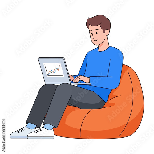 Digital Workspace: A stylish illustration captures a man absorbed in his work on a laptop, his comfortable seating arrangement hinting at a relaxed, yet productive, environment. 