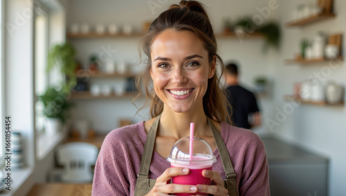 Smiling woman holding pink smoothie in cozy cafe natural light casual atmosphere cheerful mood indoor plants wooden shelves relaxed setting daytime friendly service