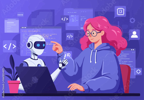 Illustration of a woman and a robot working together on a laptop, surrounded by code and tech icons.