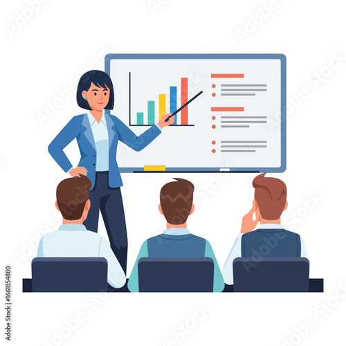 Business presentation: A presenter highlights key performance indicators (KPIs) on a whiteboard, captivating a focused audience with insights and strategies