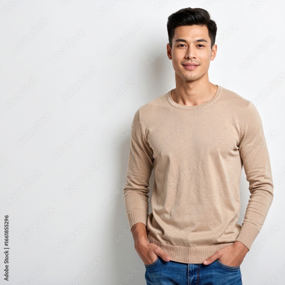 Fototapeta premium A handsome man with hands in pockets posing for photo with cheerful face