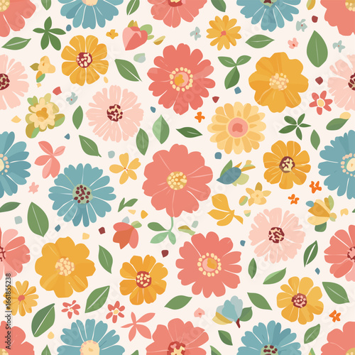 Wallpaper Mural Retro floral seamless pattern with coral blue and yellow flowers vintage Torontodigital.ca
