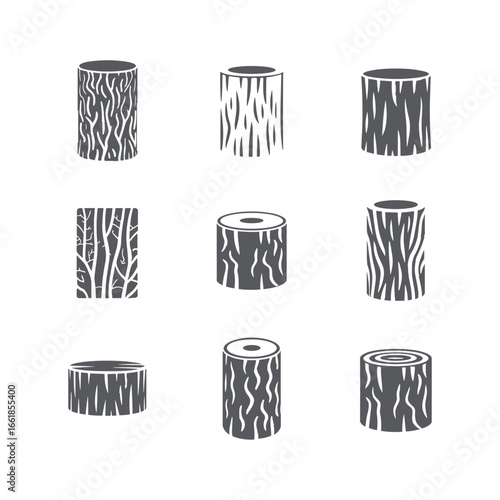 Collection of nine stylized tree stumps with wood grain texture