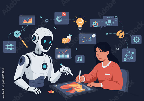 An AI robot collaborates with a female designer drawing on a digital tablet, illustrating the future of creative technology and human-machine partnership.
