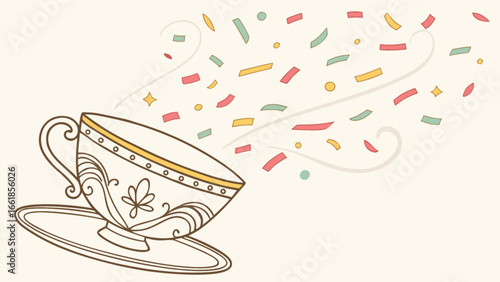 Celebrate tea time with confetti and a fancy teacup illustration for party invitations and designs