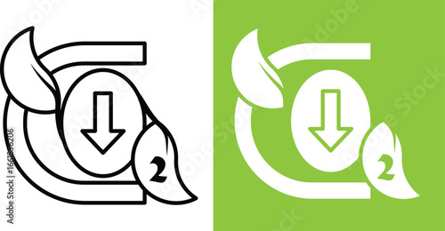 A vector icon for CO2 (carbon dioxide) reduction. Combines a leaf symbol, a downward arrow, and CO2 text in two styles (outline and solid). Ideal for environmental, sustainability, and decarbonization