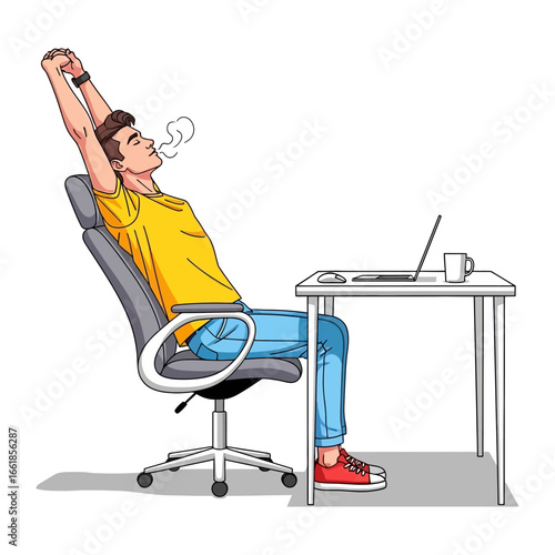 Workspace Relaxation: A person takes a moment for a refreshing stretch while sitting at a desk, laptop and a cup in the moment, seeking rejuvenation and balance.
