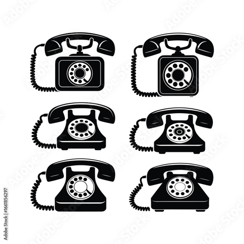 Collection of vintage rotary dial telephones in black and white silhouette