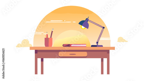 Illustration of desk with lamp, book, and stationery for study, work, or home office setup scene