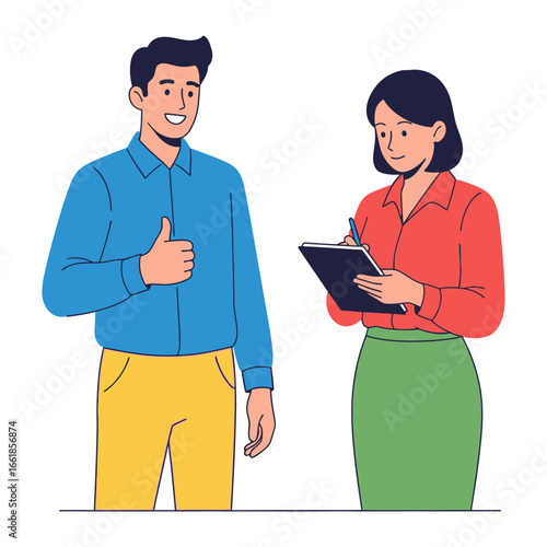 Feedback and Agreement: An animated business interaction, where a confident individual gives a thumbs-up while another, notes observations in a notebook.