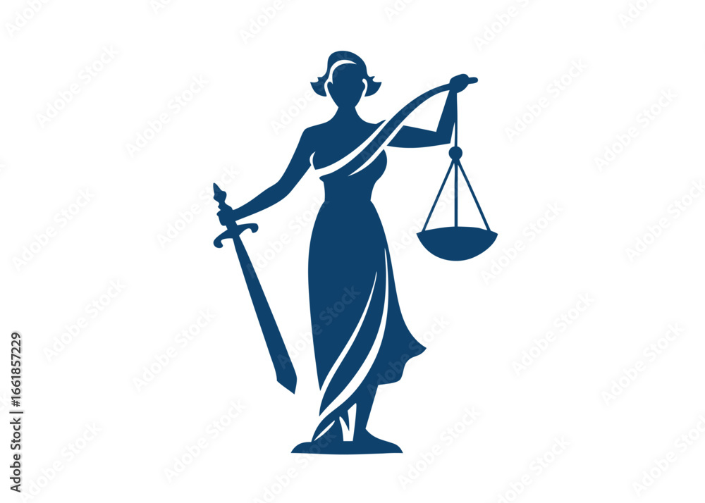 Fototapeta premium A strong, elegant silhouette of Lady Justice, holding a sword and scales, evoking a sense of impartiality and fairness.