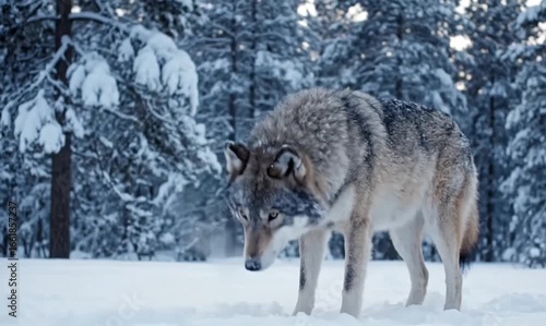 Gray wolf in a snowy forest, winter scene, alert posture.