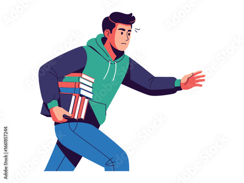 Rushing with Reading Materials: A student frantically hurries, balancing a stack of study resources, embodying the relentless pace of academic pursuits and the pressures faced.