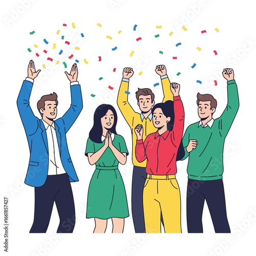 Joyful Team Celebrating: A lively team of individuals rejoices in the atmosphere of celebration, raising their hands in a vibrant display of joy and achievement with colorful confetti in the air.